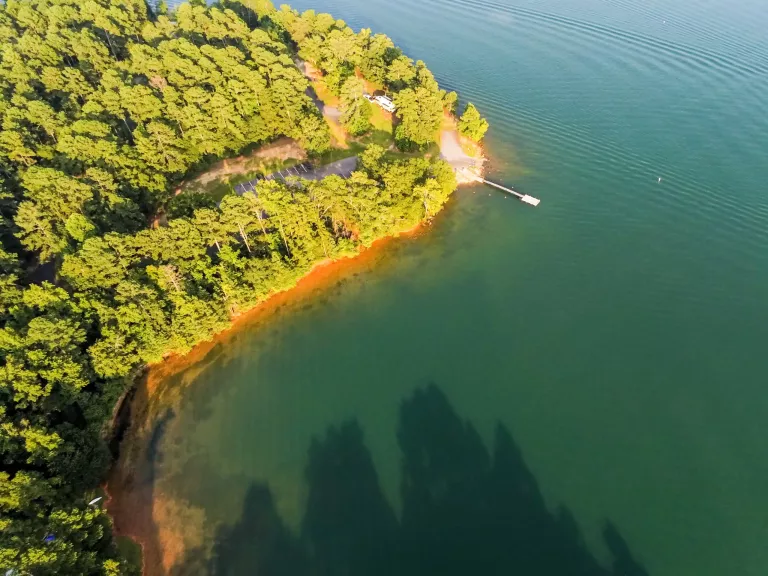 aerial over lake hartwell south carolina and georgia line at sunset