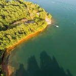 aerial over lake hartwell south carolina and georgia line at sunset